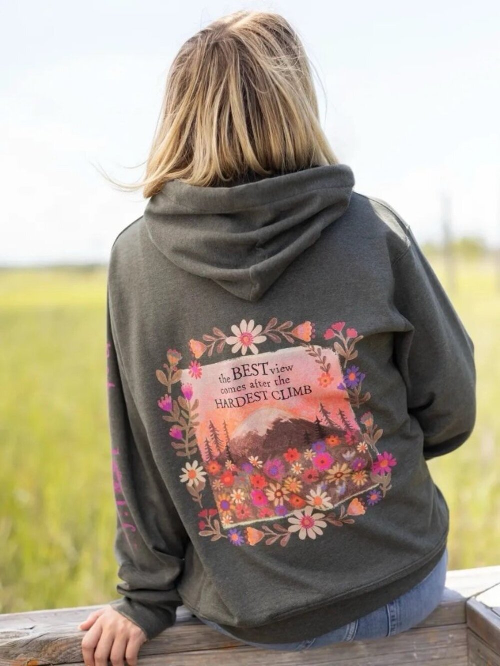 Natural Life Womens Hoodie Sweatshirt XL Gray The Best View Mountain Floral Boho